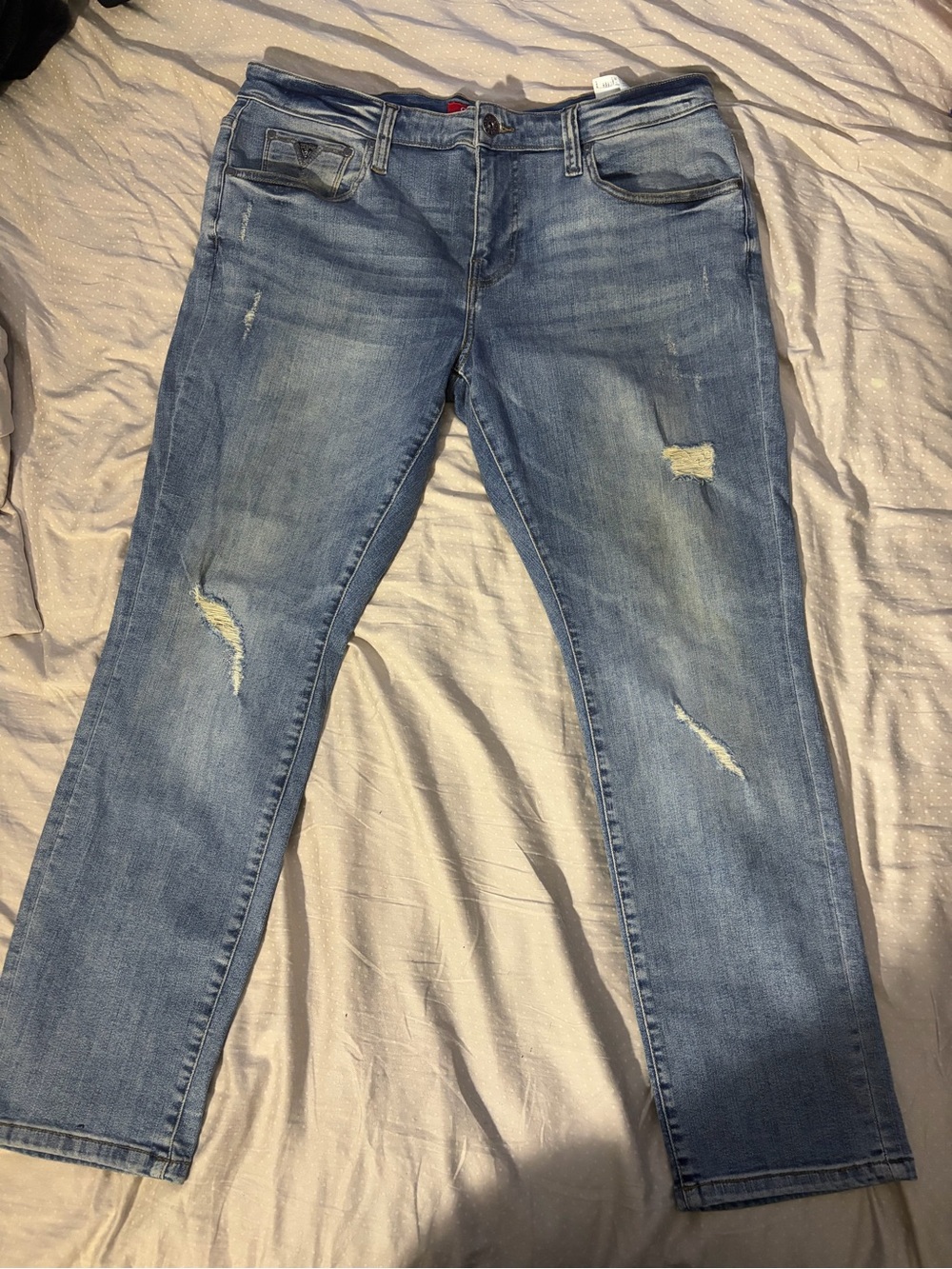 Guess Men’s Slim Jeans in Light Blue Distressed Wash